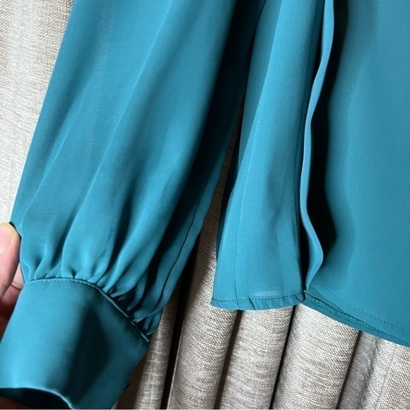 Vintage Ruffle High Neck Turquoise Blue Button Front Blouse Size 8 - Picture 9 of 16